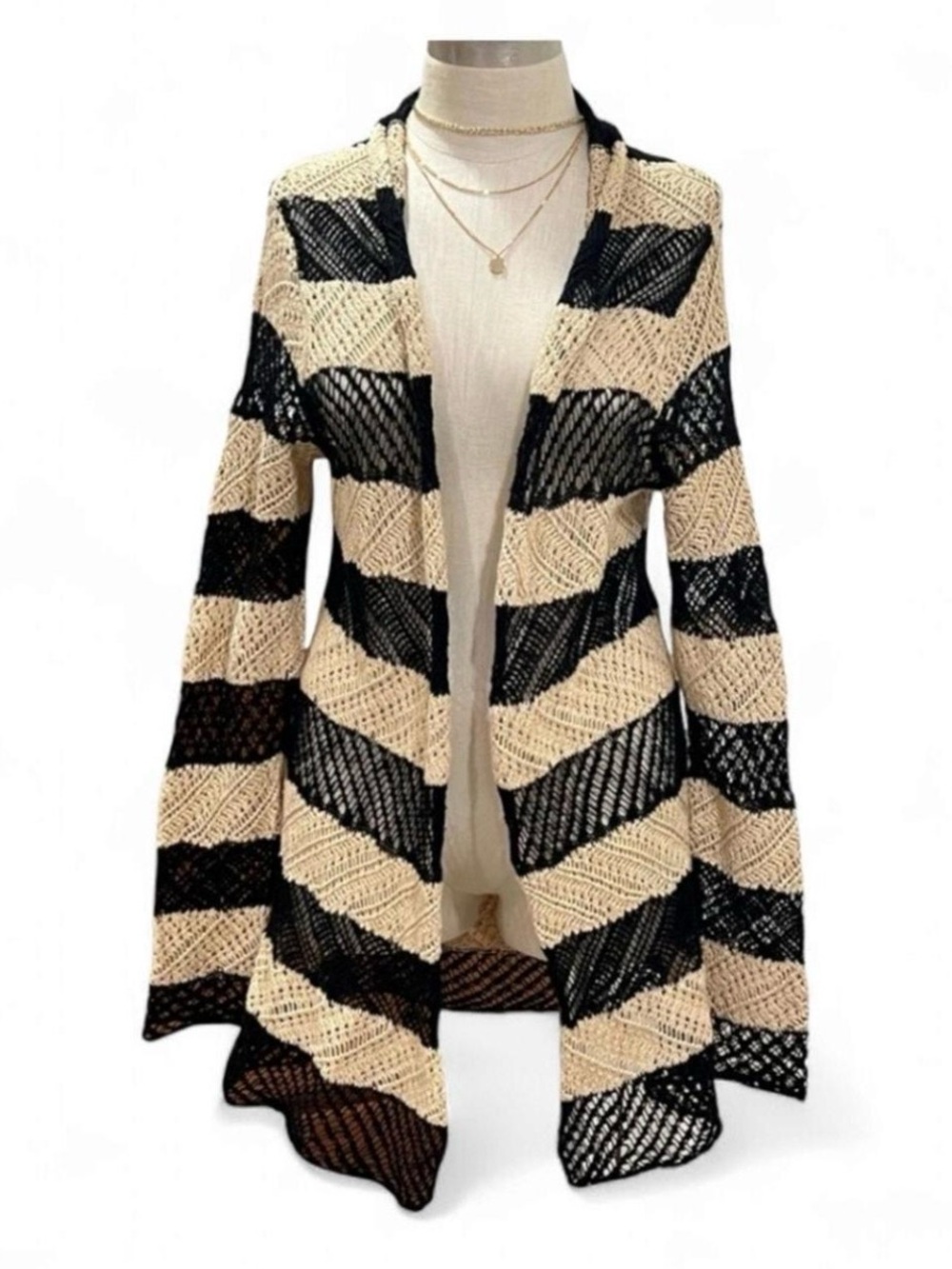 LRL Lauren Jeans Co Ralph Lauren Black Beige Crochet Open Cardigan Sz M